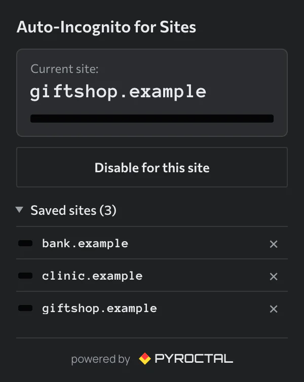 The Auto-Incognito for Sites popup: the current site enabled and three saved sites